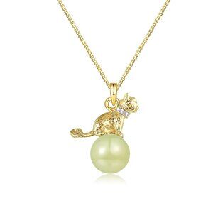 Natural Hetian Jade Green Cat Charm Necklace with Silver & Gold Finish, Adjustab